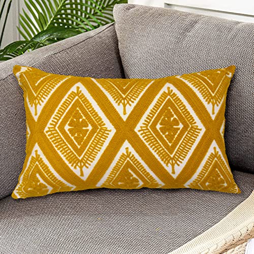Alysheer Embroidered Lumbar Decorative Throw Pillow Cover 12"X 20", Classic Boho Geometric Embroidery Pattern Cotton Rectangular Cushion Case For Sofa Couch Living Room Bedroom(Mustard Yellow) #TOP1