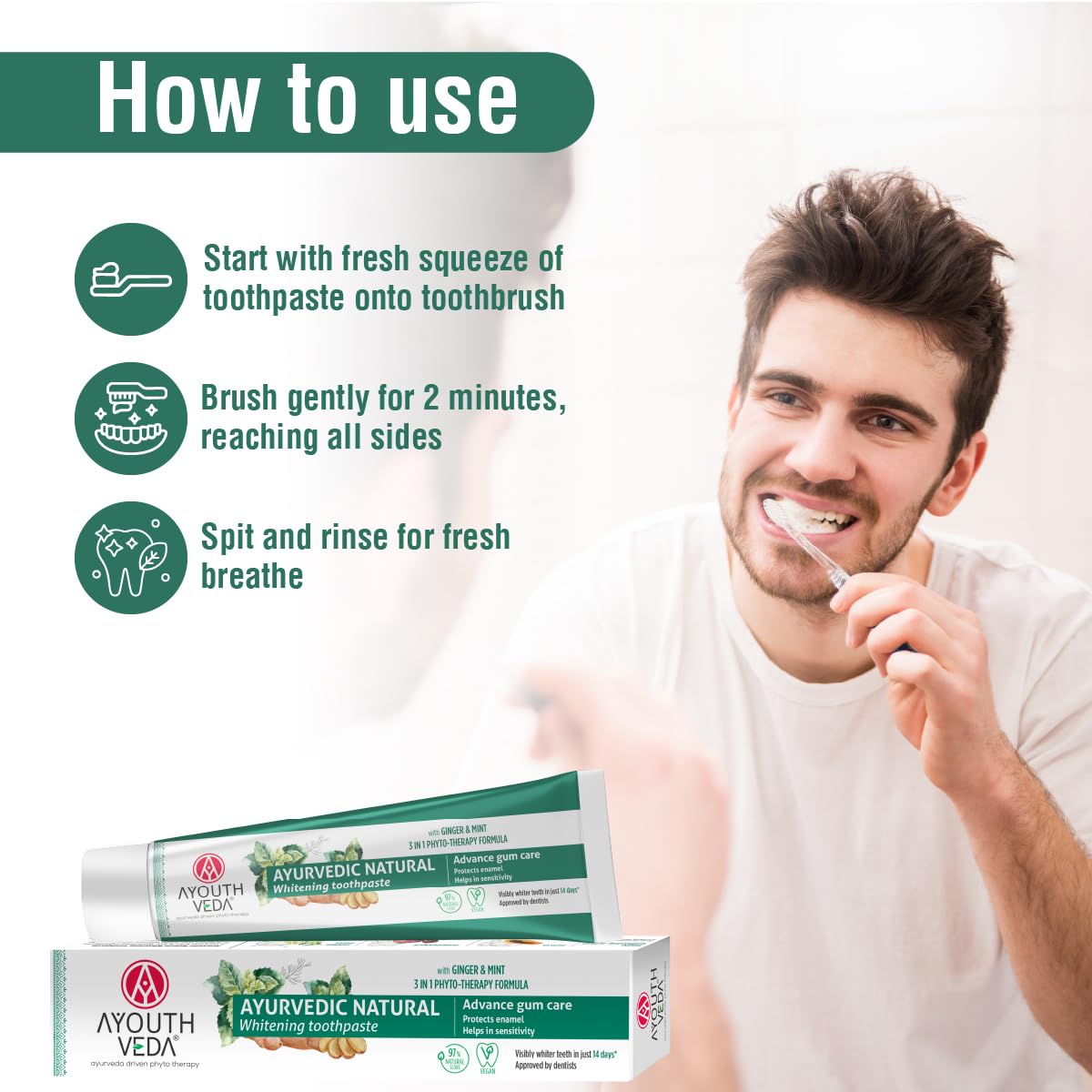 Ayouthveda Pasta dentífrica blanqueadora – Natural, Cuidado de las encías y eliminación de manchas, vegana, paquete de 3 (3 x 100 g)
