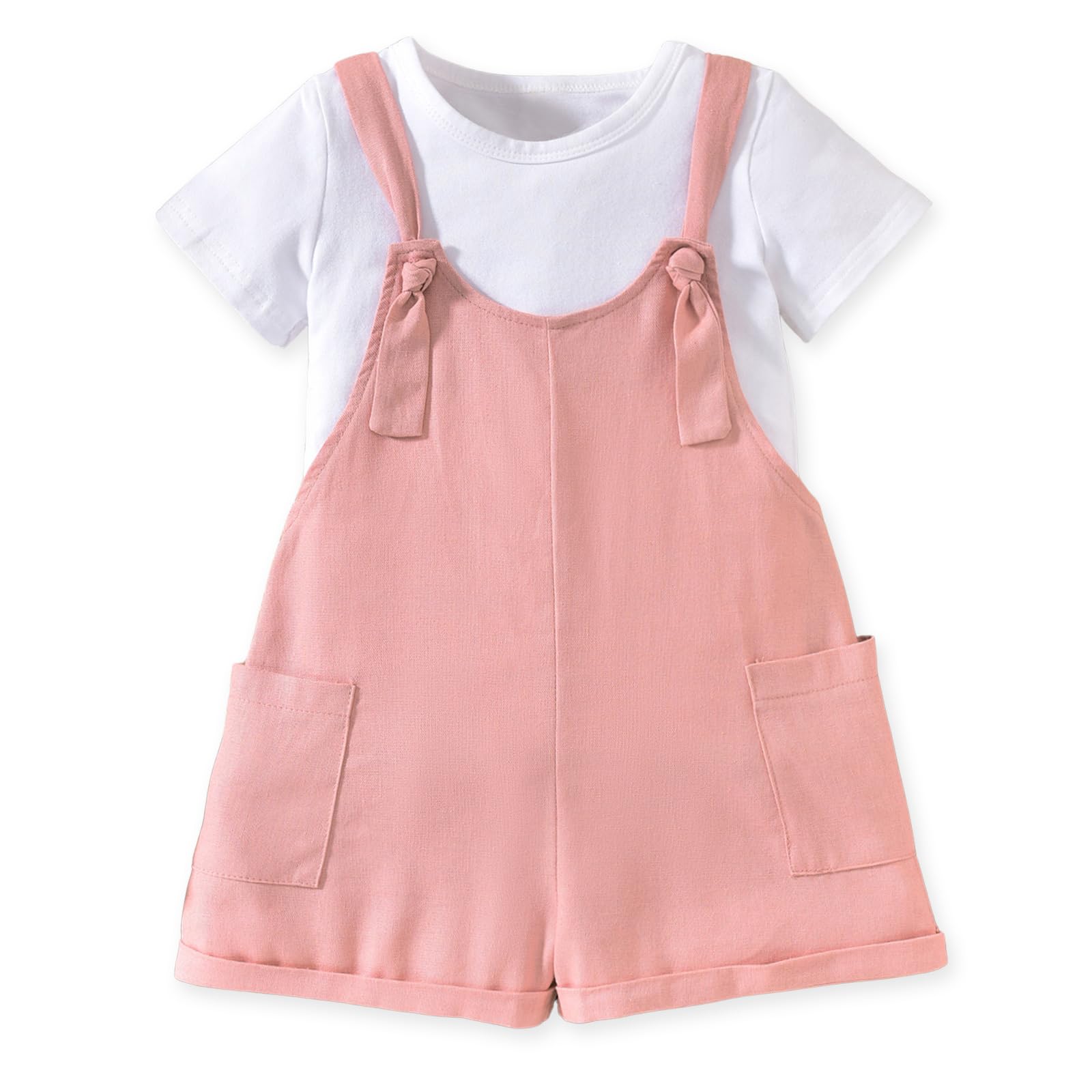 HINTINA Toddler Girl Overall Shorts Set Adjustable Loose Jumpsuit Short Sleeve T-shirt Vacation Summer Outfits with Pockets