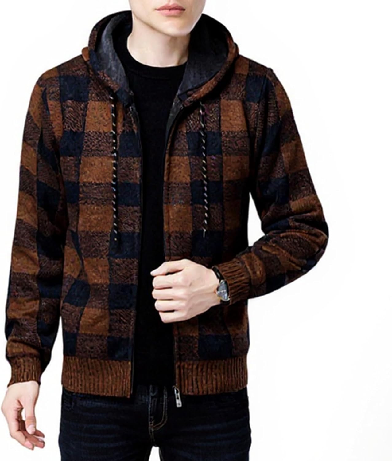 Men's Loose Casual Thick Coats Checkered Big And Tall Hooded For Men Knitted Long Sleeve Sweater Winter Clothes