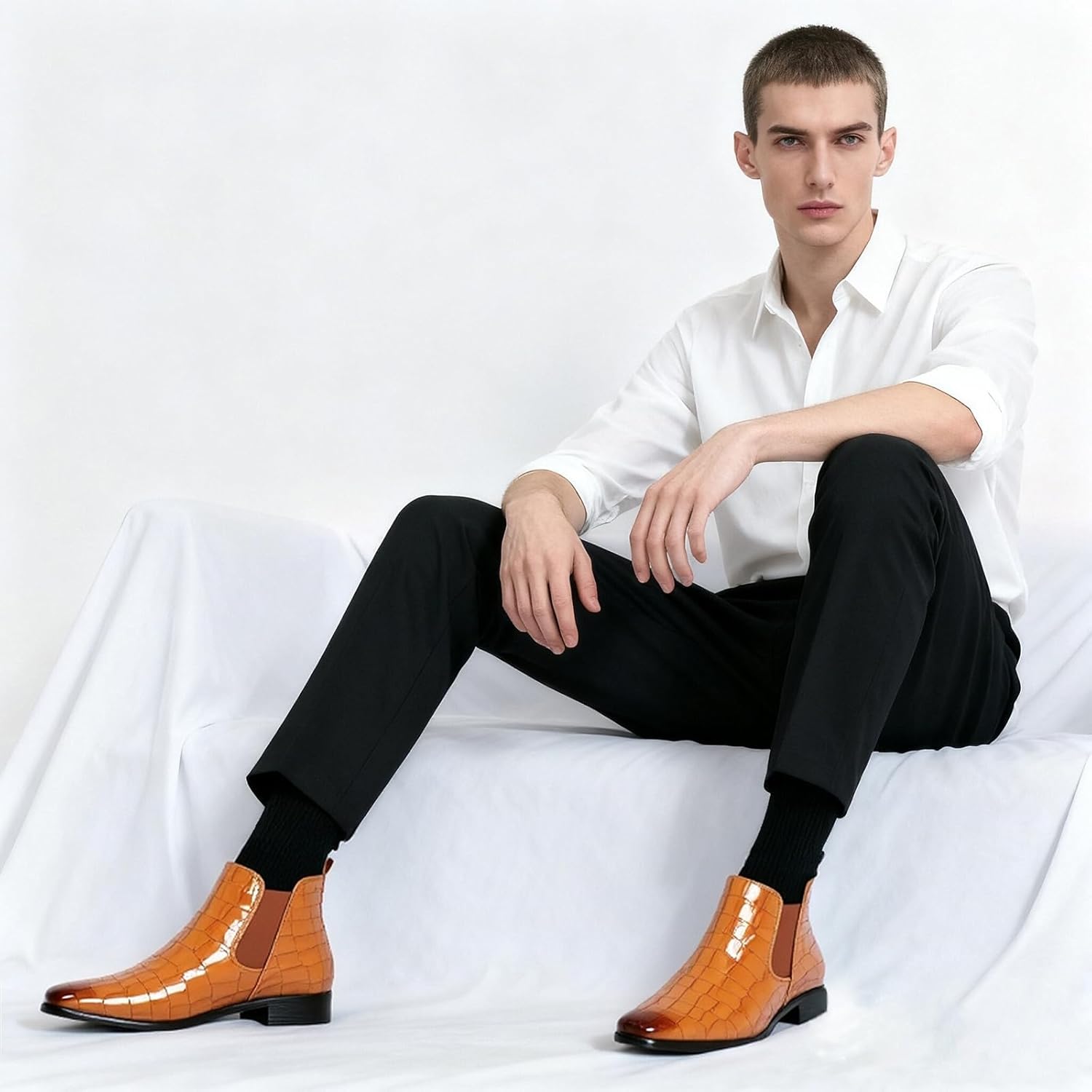 Fashion Chelsea Boots for Men's Leather Print Pointed Toe Slip-On Low Chunky Heel Retro Dress Business Chukka Ankle Oxford Boots for Formal Wedding Party Causal Work
