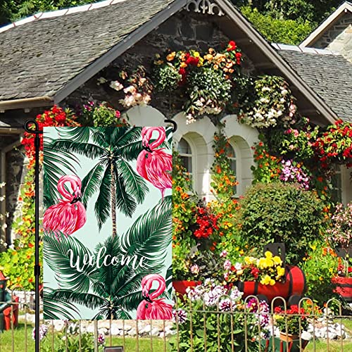 Spring Summer Garden Flag, Flamingo With Palm Leaves Tropical Welcome, 12×18 Inch, Double Sided, Vertical Holiday Yard Farmhouse Outdoor Décor #TOP5