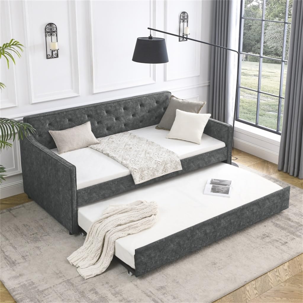 Grey 80.5"x44.5"x33.5"Twin Size Daybed W/Twin Size Upholstered Tufted Sofa Bed Foriving Room Furniture