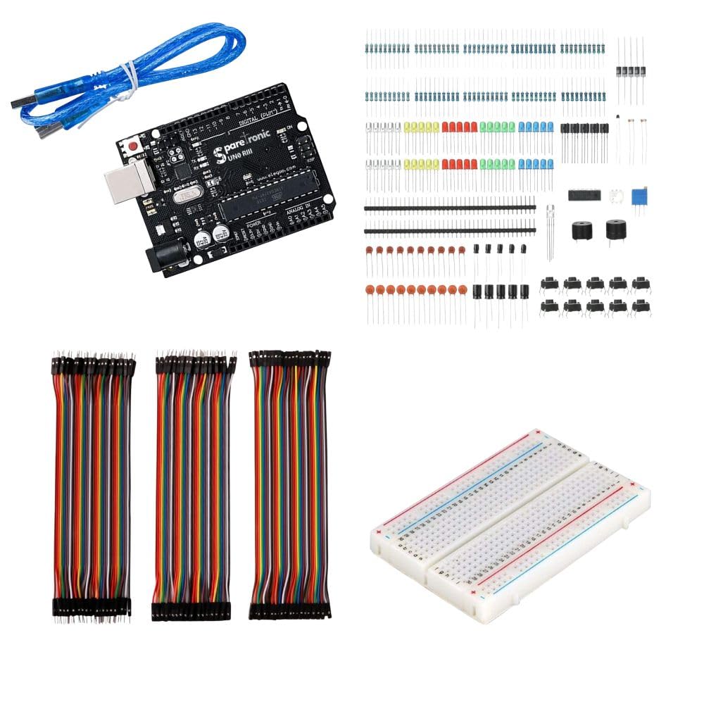 SparetronicSparkStart Kit - Comprehensive Electronics Starter Kit with SPARETRONIC UNO R3 Board, LEDs, Sensors, Semiconductors, Buttons, and More - Ideal for Beginners and DIY Enthusiasts