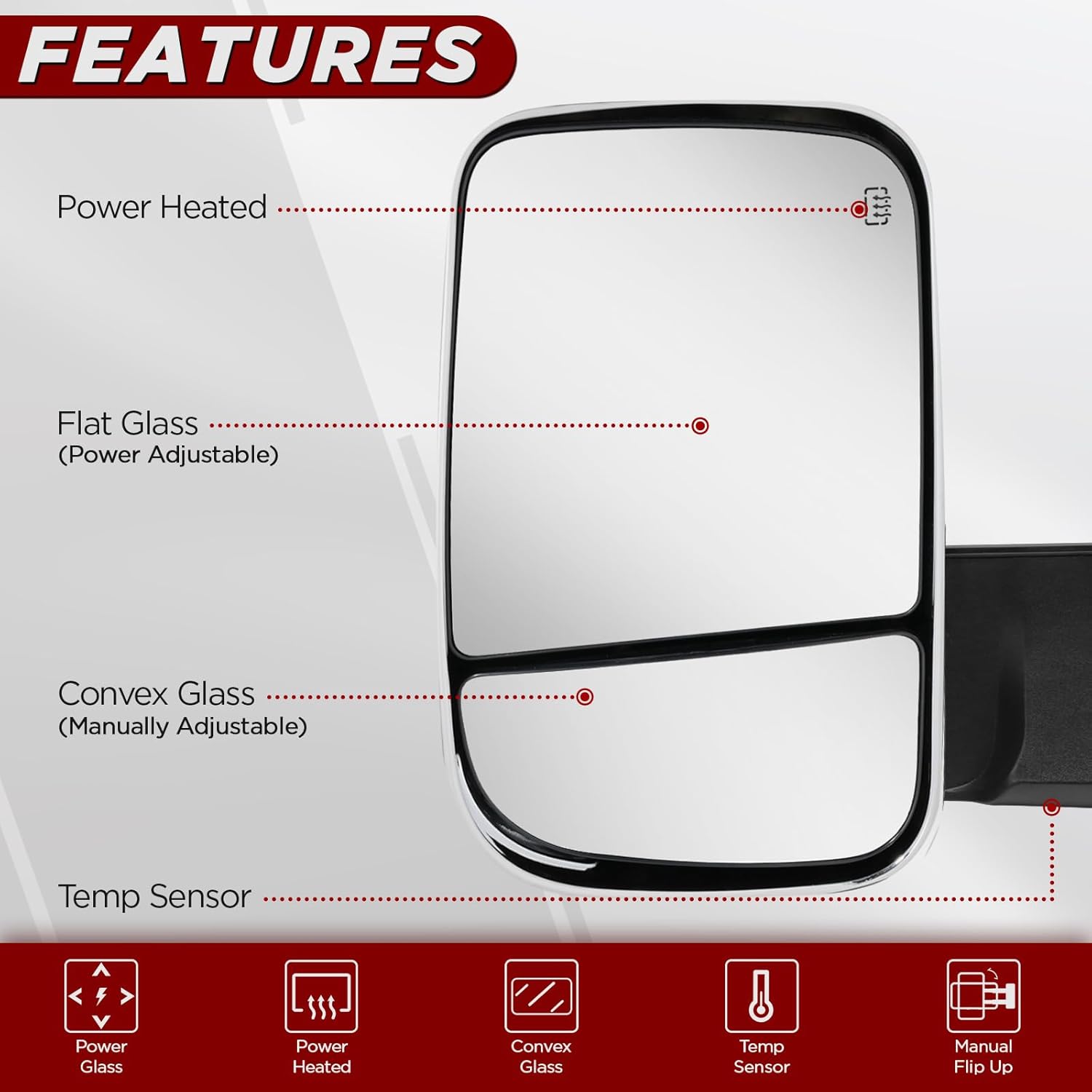 Towing Mirrors Driver Passenger Side for 2009-2018 Dodge Ram 1500, 2019-2024 Ram 1500 Classic, 2010-2018 Ram 2500 3500 with Power Heated, Power Adjustable Glass, Temperature Sensor Side Mirrors Chrome