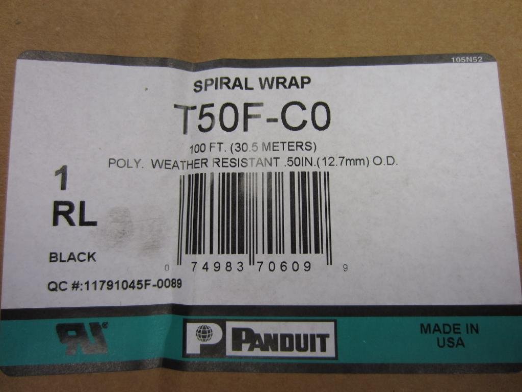 PANDUIT - T50F-C0 - SPIRAL WRAP, PE, BLK, 0.5IN OD, 100FT