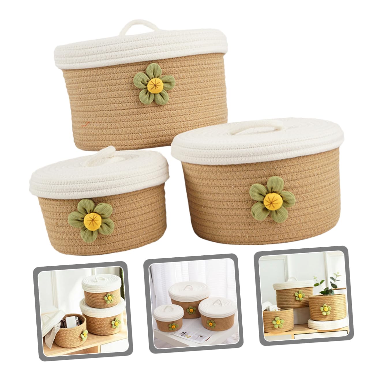 3 Cestas de Cuerda de Algodón Tapa para Organizar Artículos Varios Hogar, Conjunto de 3 Piezas, Diseño Clásico Elegante y Seguro para Mantener el Orden