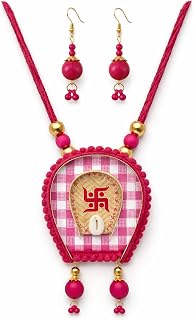Handmade Swastik Kulo Pendant Necklace Set for Women | Bengali Traditional Puja Jewellery | Thread Ethnic Necklace with Ea... Price In India