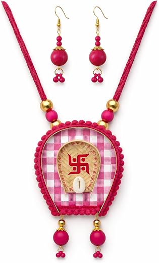 Handmade Swastik Kulo Pendant Necklace Set for Women | Bengali Traditional Puja Jewellery | Thread Ethnic Necklace with Ea...