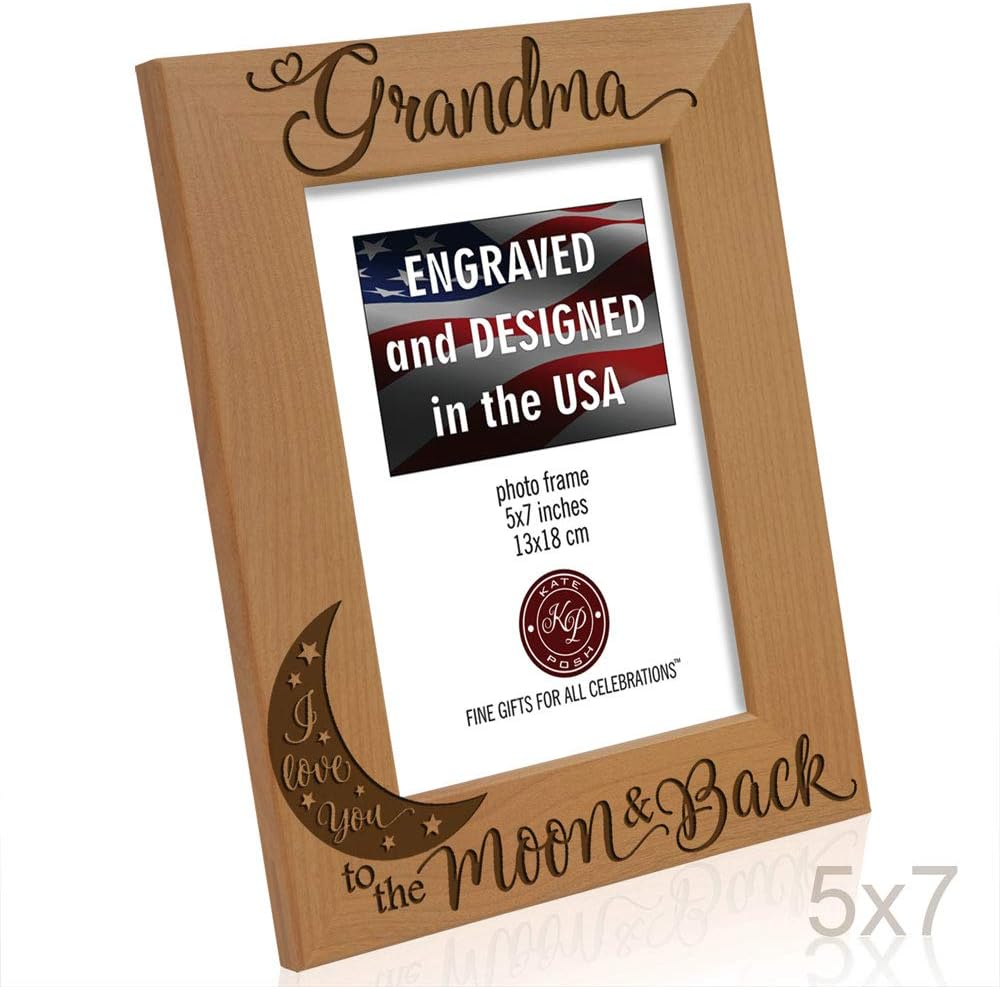 KATE POSH - Grandma I Love You to the Moon and Back Engraved Natural Wood Picture Frame, Mother's Day Gifts for Grandma, Birthday Gifts for Grandmother, Best Grandma Ever (5x7-Vertical)