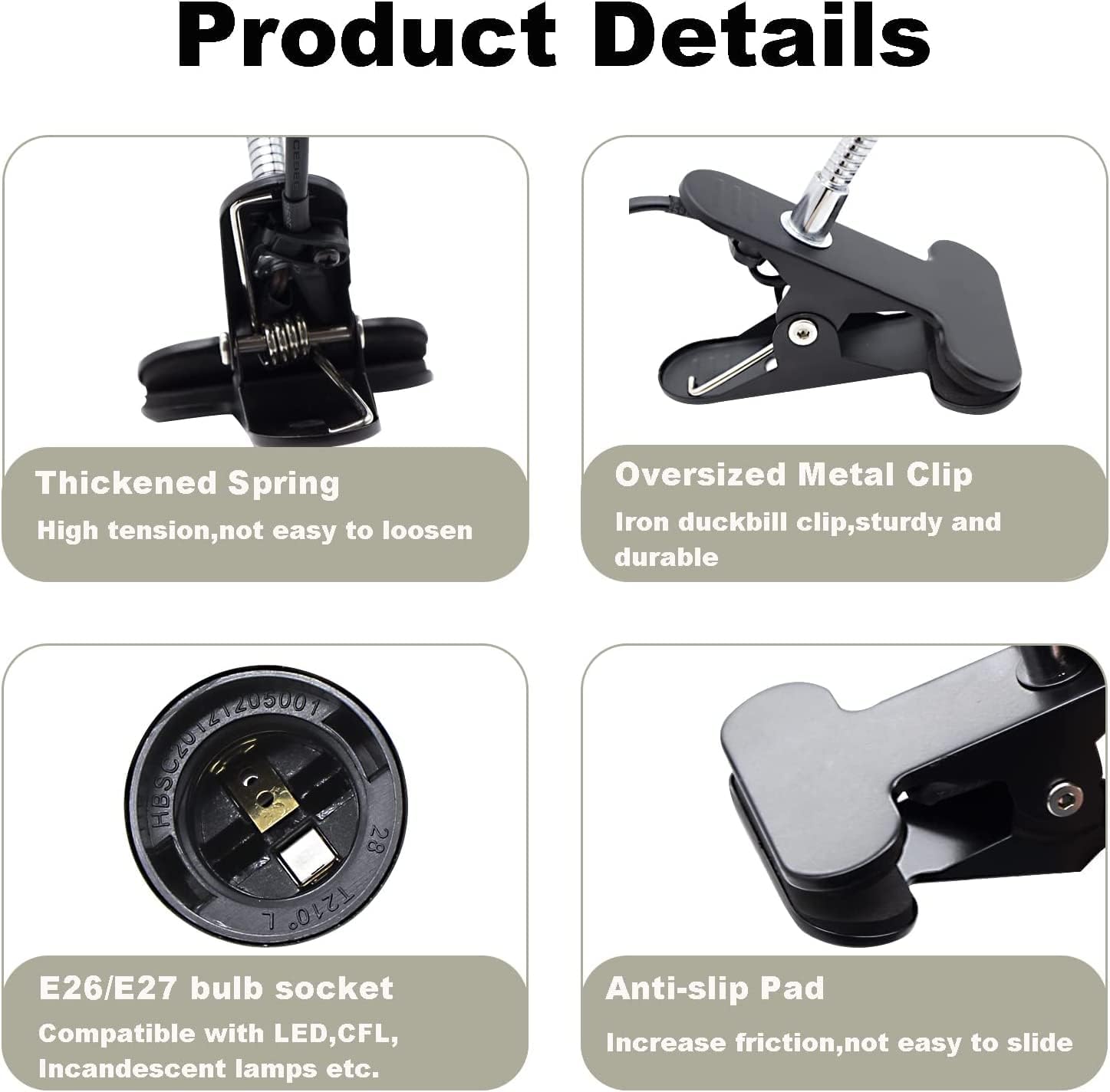 Clip Desk Lamp Socket 2 Pack Flexible Gooseneck Lamp Stand Clip-On with Switch Plugs Clip on Light with Flexible Neck Portable Clip on Light Metal Clip Holder Desk Study Clamp Lamp