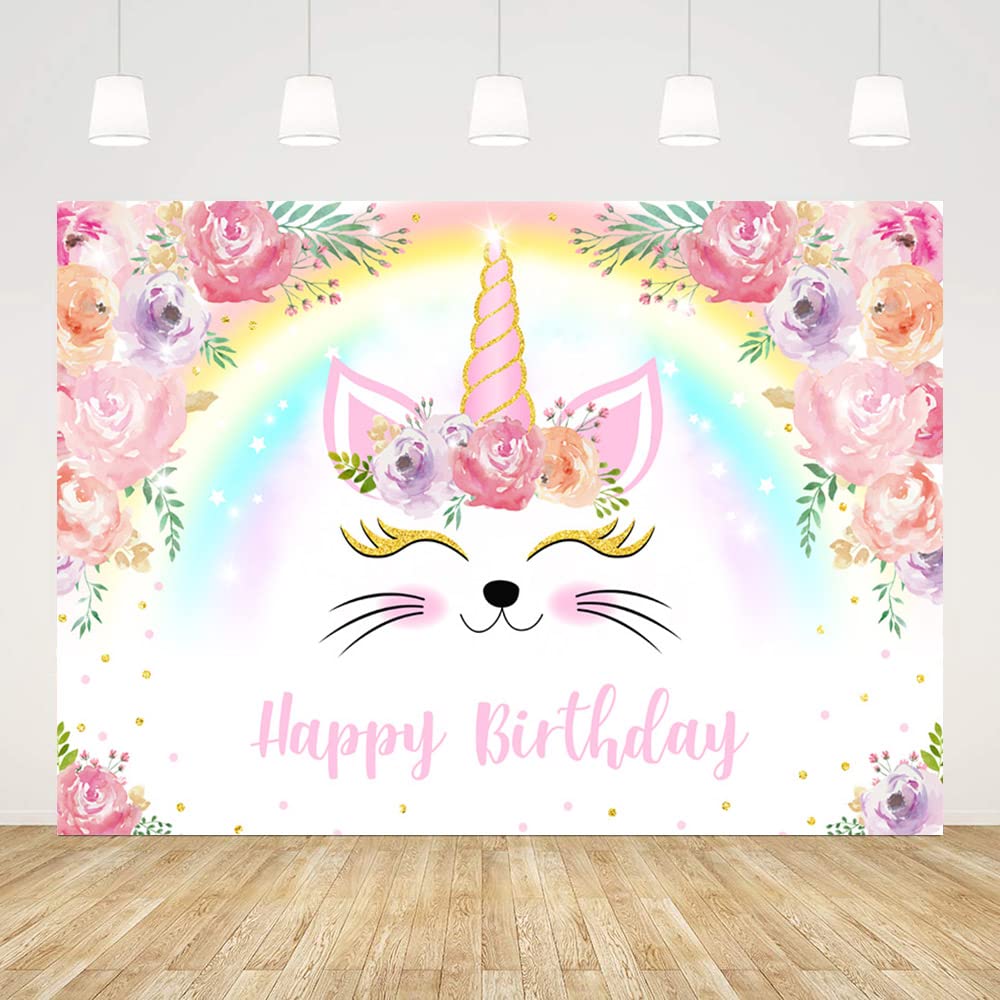 ABLIN 7x5ft Rainbow Unicorn Cat Happy Birthday Backdrop for Girls Pink Flowers Unicorn Cat Colorful Rainbow Photography Background Baby Girl Birthday