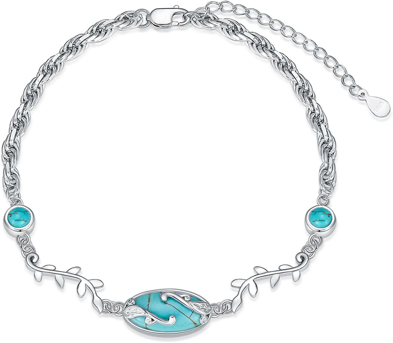 Vintage Turquoise/Black Onyx Bracelet 925 Sterling Silver Western Gemstone with Rope Chain Bracelet Jewelry for Women