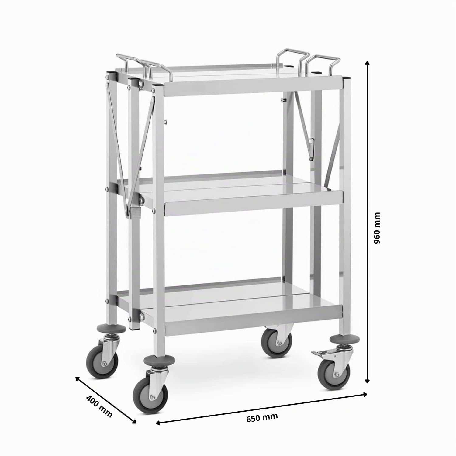 Folding Stainless Steel Serving Trolley - 3 Trays - 650 x 400 mm - Max Capacity 150 kg - 130 mm Wheels with Brakes for Catering, Hotels and Communities (Compact Model - 63 x 40 cm)