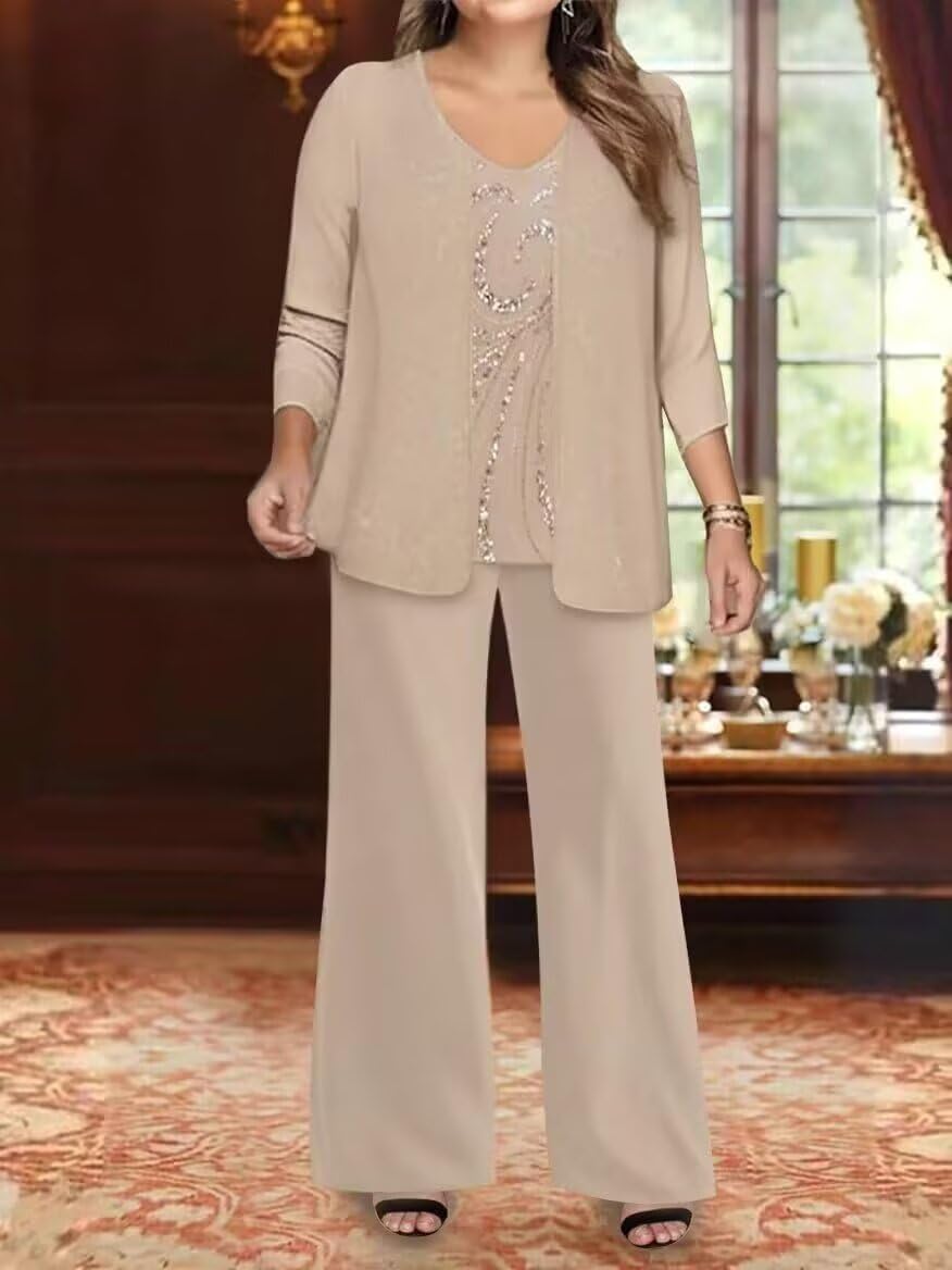 3 Piece Mother of The Bride Pantsuits for Wedding Chiffon Beaded Formal Evening Gown with Jacket Outfit DP022