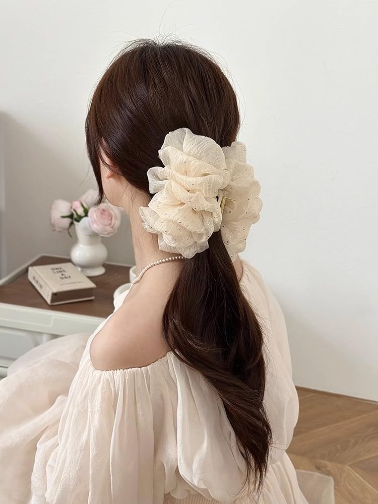 2Pcs Rhinestone Bow Cloud Bubble Hair Clips Chiffon Bubble Large Clips Styling Accessories for Thick Hair(Black+Champagne) - Image 4