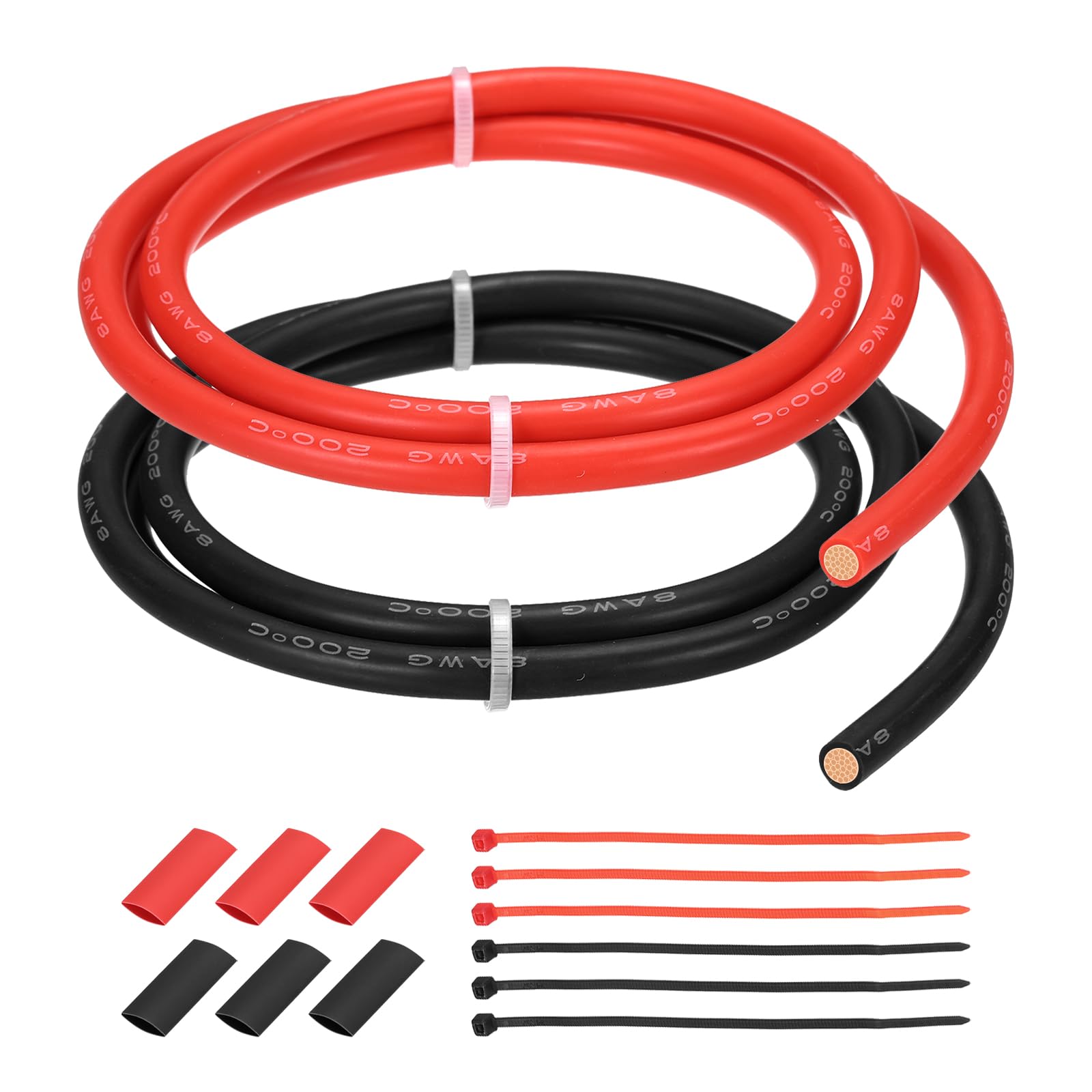 QUARKZMAN 2 sztuki 8 AWG kabel silikonowy 8 G, 1 m, kabel elektryczny, silikonowy drut elektryczny z wężem termokurczliwym i opaskami kablowymi do motoryzacyjnego falownika, czerwony, czarny, 2 szt