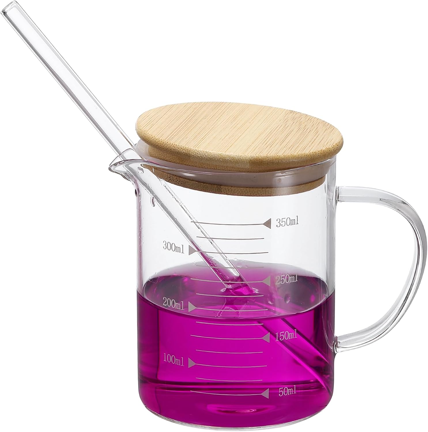 PATIKIL 350ml Glass Measuring Cup, Borosilicate Glass Beaker Graduated Liquid Measure Cups with Wood Lid Straw V-Shaped Spout for Kitchen Drinking Restaurant, White Printed Scale