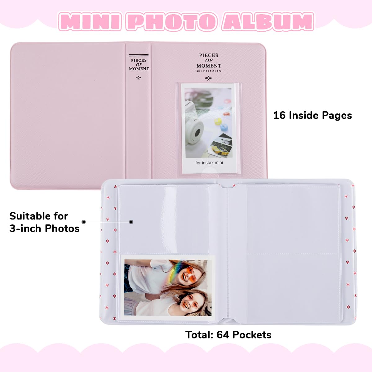 ZIBUYU® Small Photo Album for Fujifilm Instant Mini 12 11 9, 64 Pockets, Photo Album Book, Suitable for Instant Camera Film, Light Pink 2
