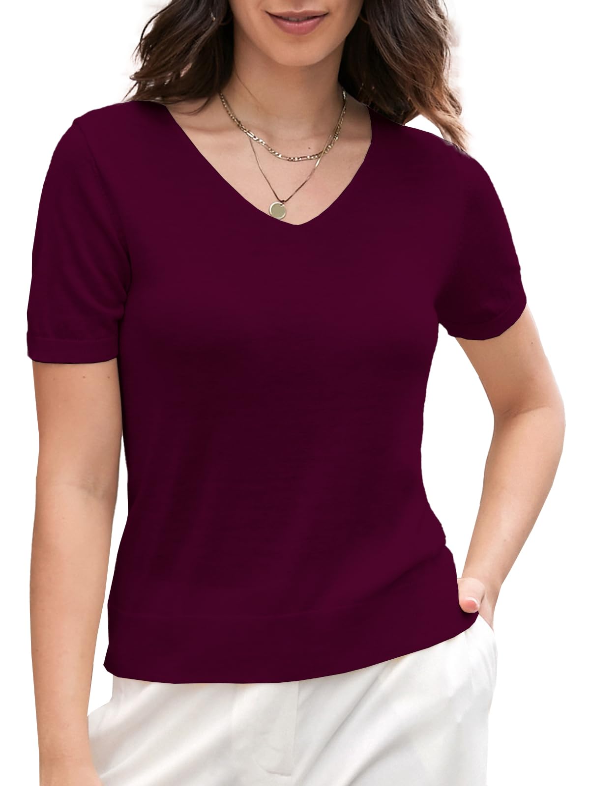 DAIMIDY Women's Short Sleeve V Neck Sweaters Casual Summer Sweater Lightweight Knit Pullover Tops