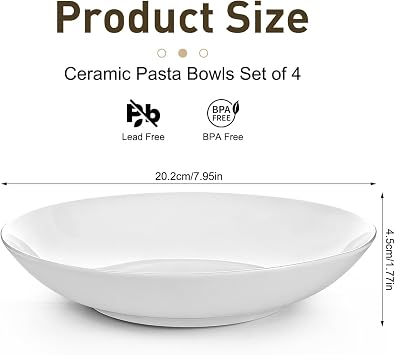 8 Inch Ceramic Pasta Bowls Set of 4,Large White Salad Bowl Pasta Plates Dessert Bowls Breakfast Serving Dishes for Spaghetti Bolognese,Salad,Fruit Crumble,Grain Bowl Microwave Dishwasher Safe