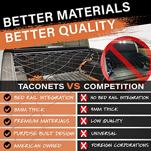 Taconets Toyota Tacoma Long Bed Cargo Net - Bungee Net Accessories For Pickup Trucks - Bed Rail Integration For 2005-2023 Tacomas: 3'X5' Stretch Cargo Net, 16 Rail Hooks, 4 Carabiners, Storage Bag #TOP3