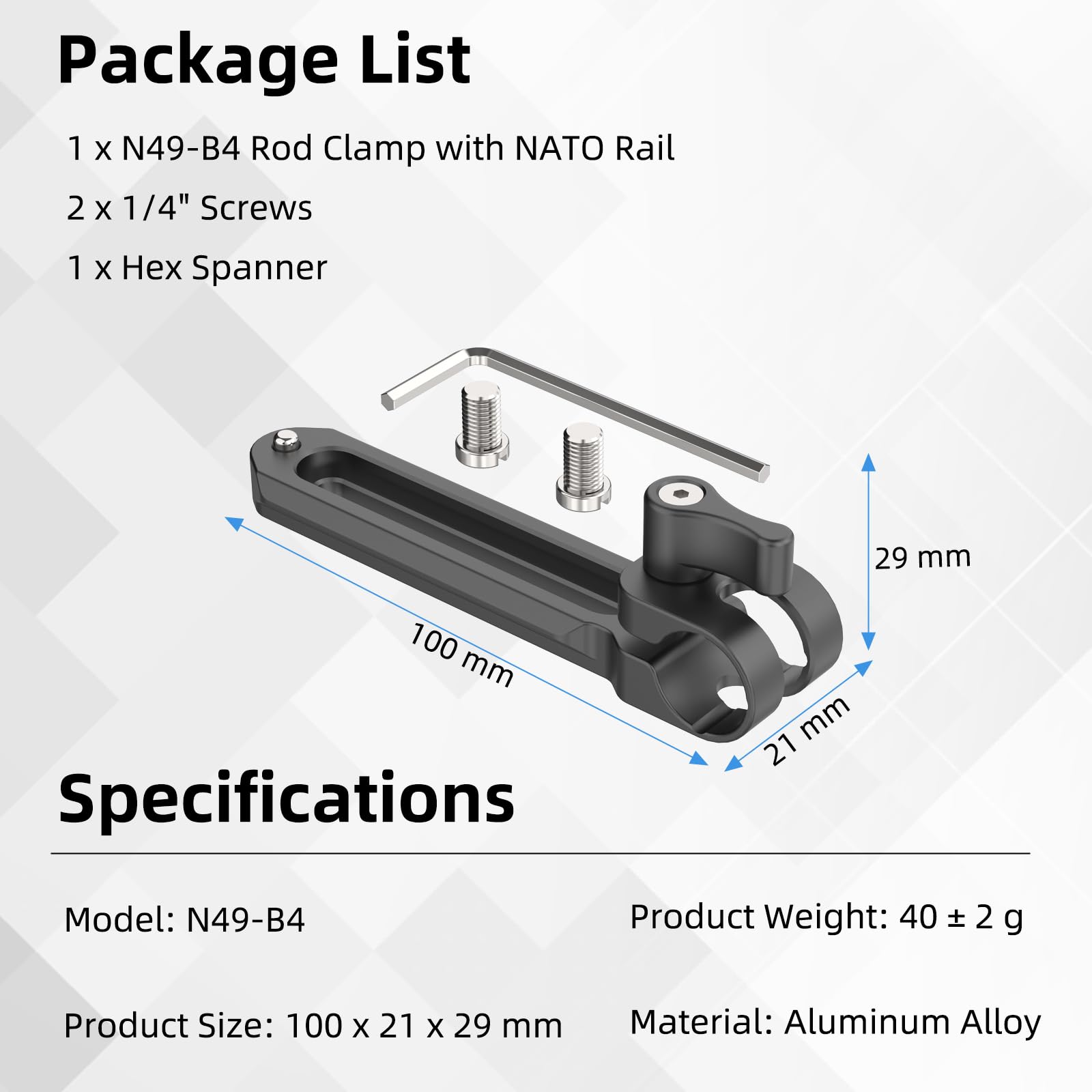Nitze 15mm Single Rod Clamp with NATO Rail (4") und Sicherungsstift zur Befestigung von 15-mm-Stangen und Schnellverschluss-NATO-Klemmenzubehör – N49-B4
