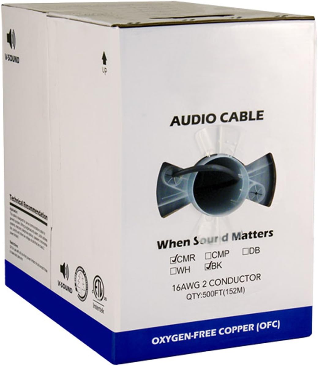 Audio Cable, 16AWG, 2 Conductor, 65 Strand, 500 ft, PVC Jacket, Pull Box, Black