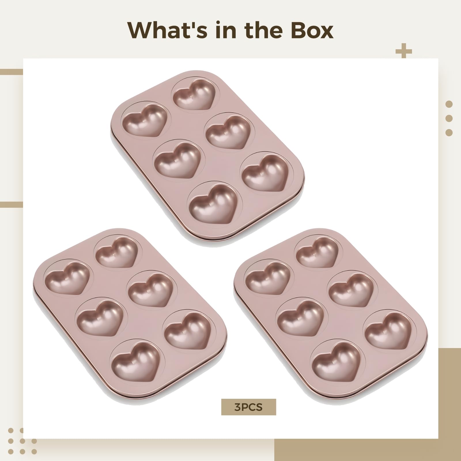 Lot de 3 moules à gâteau en forme de cœur antiadhésifs or rose 10,4 x 18,5 cm, moules en acier au carbone pour muffins, gâteaux et friandises
