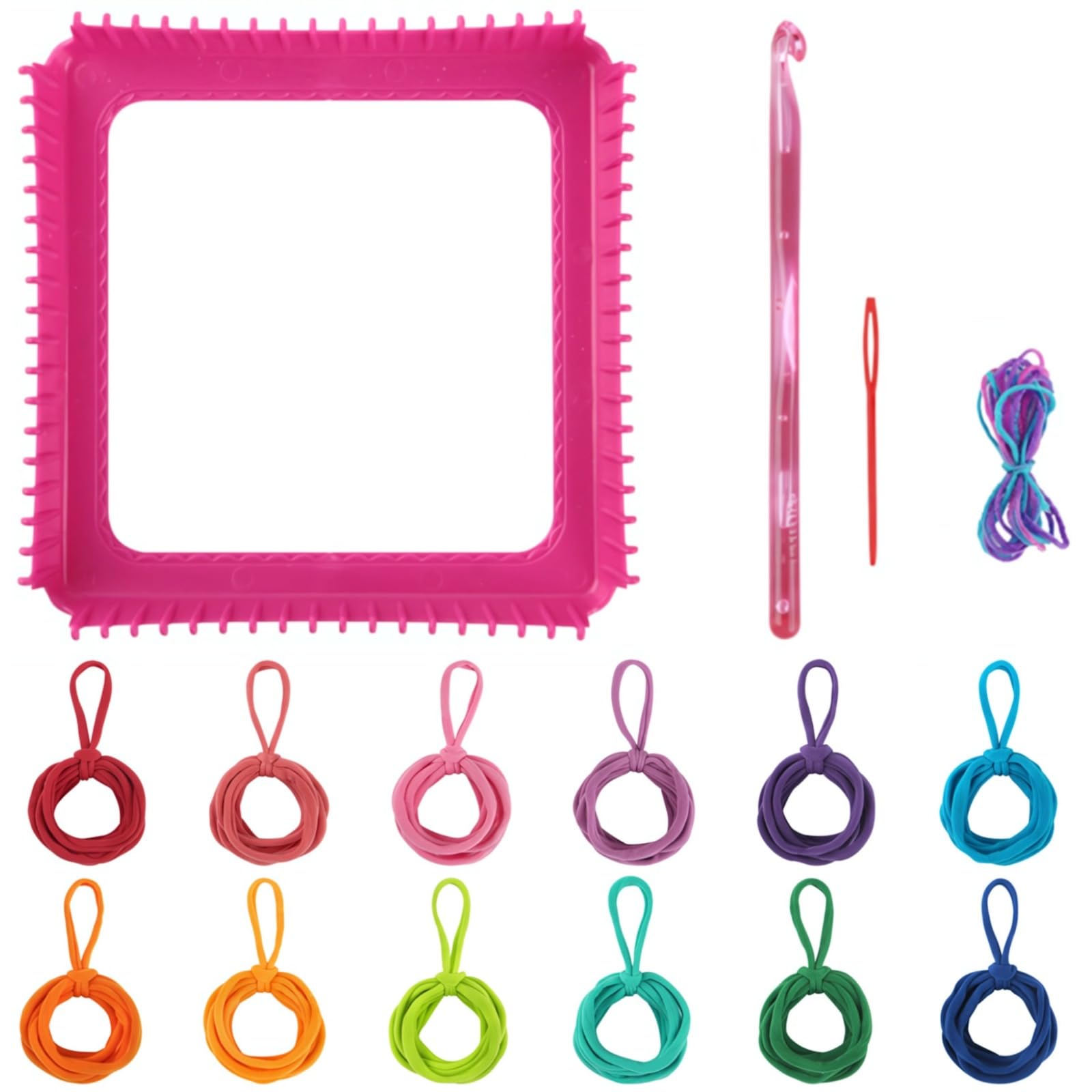 Vestamore Webrahmen-Set, Bastelset für Kinder, 97 Teile, mit 96 elastischen Schnüren in 8 Farben, Topfhalter-Set mit Häkelnadel, Bastelspielzeug, 18,8 x 18,8 cm