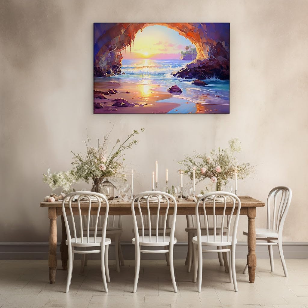 Canvas for Living room. Golden Hour Rhapsody - Where Waves Embrace the Dusk, 27 x 18 inch Canvas Wall Art - Contemporary Masterpieces - Modern Home Decor