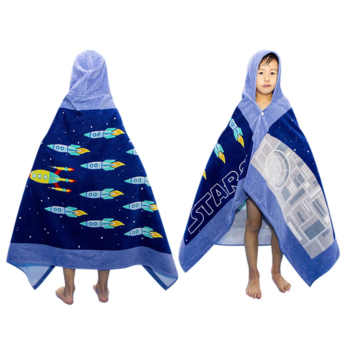 BANGSAUR Kids Hooded Beach Bath Towels, 100% Cotton 50"x30" Wrap Towel, Toddlers Boys 3-12 Years Coverup Towel Stars