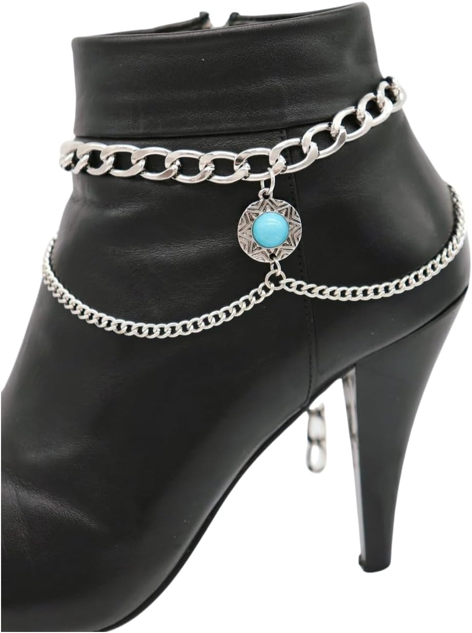TrendyFashionJewelry Women Boot Bracelet Chain Metal Wave Ethnic Turqioise Coin Fashion Anklet Shoe Charm SET BC131