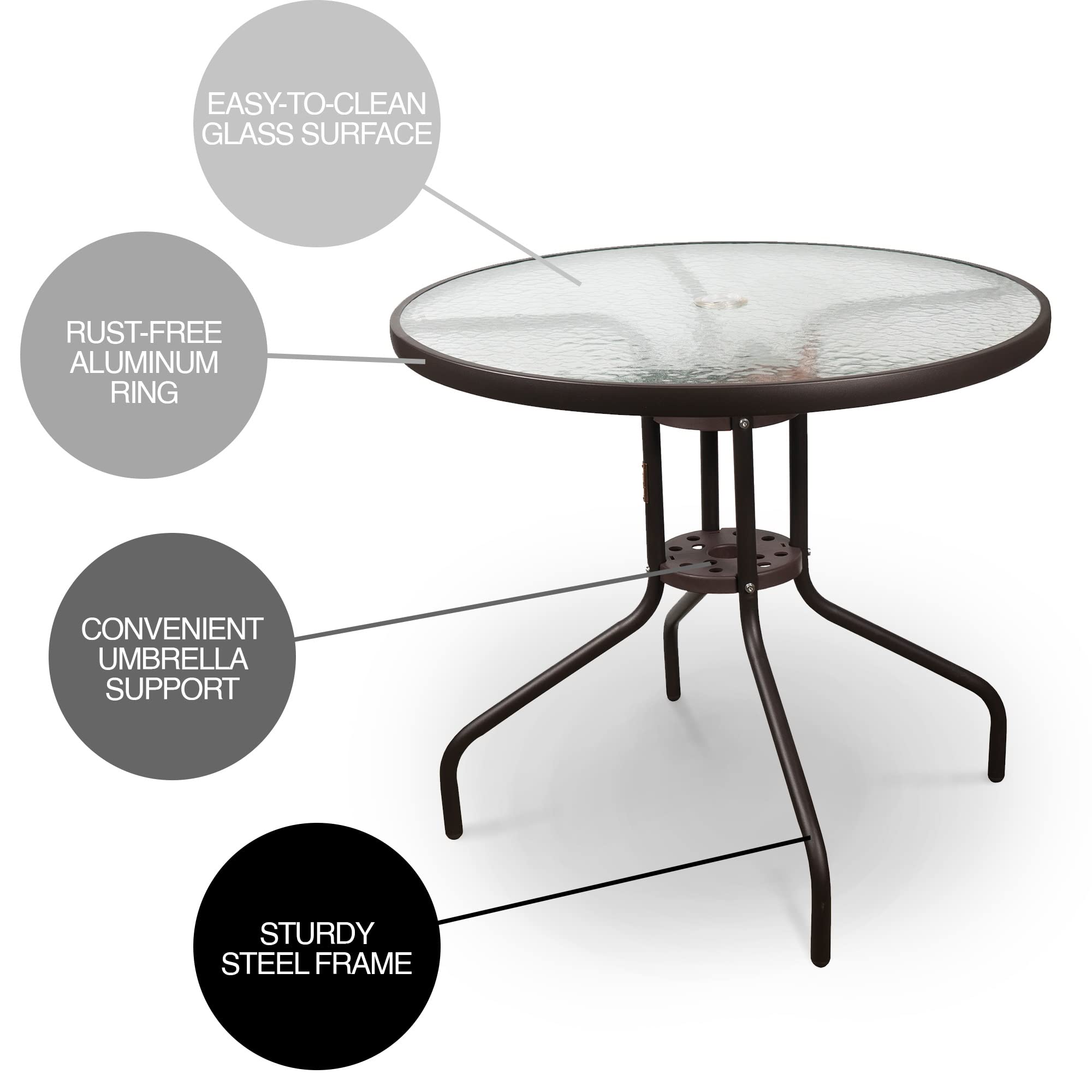 Muebles de patio al aire libre, mesa de comedor redonda, base de acero y borde con parte superior de vidrio ondulado, marrón, 31.5 pulgadas 2