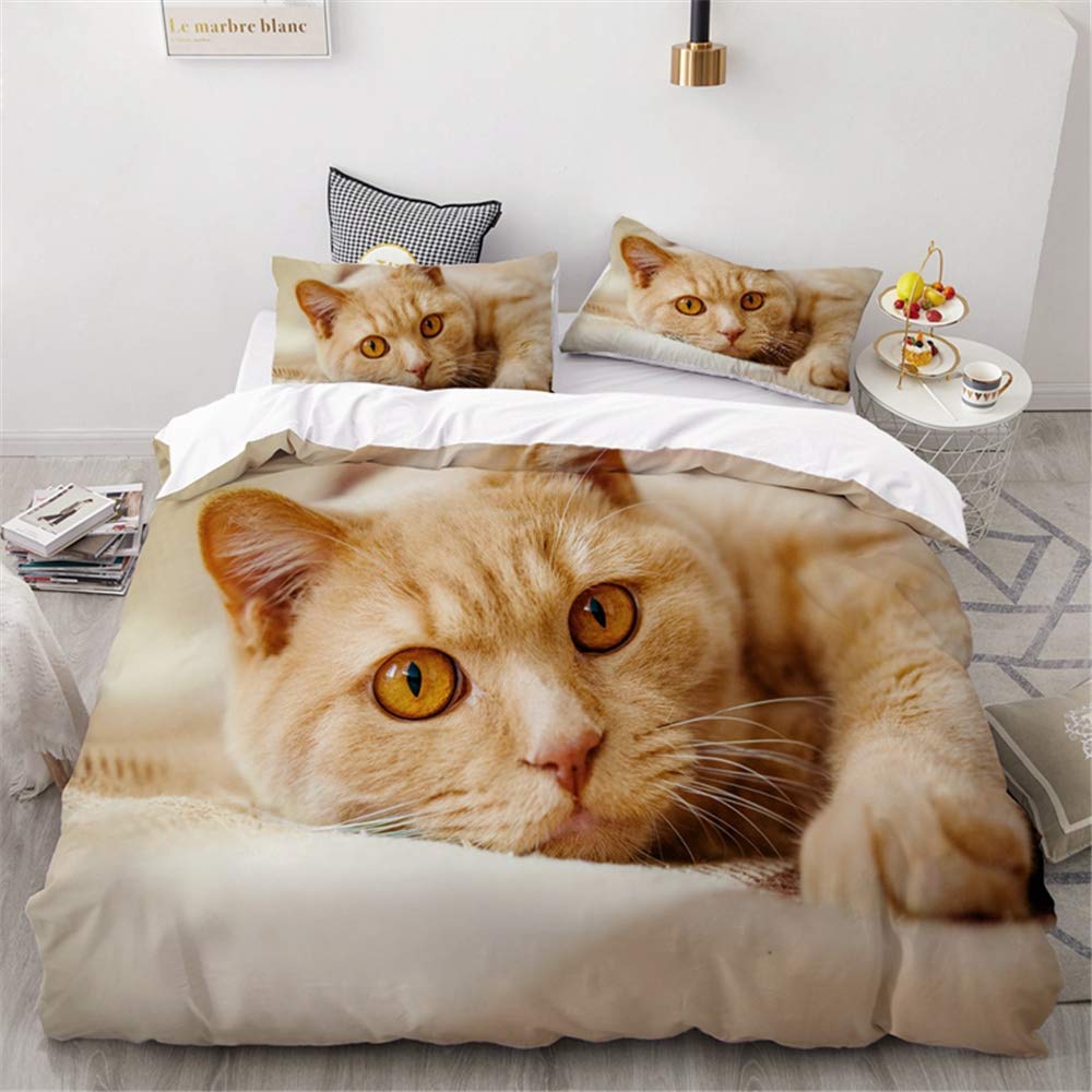 Meiju Girls Orange Cat Duvet Cover Set Bedding Duvet Cover With Pillowcases For Double King Single Bed Microfiber Bedroom Duvet Set 3D Pet Print (140X200cm (2Pcs),)