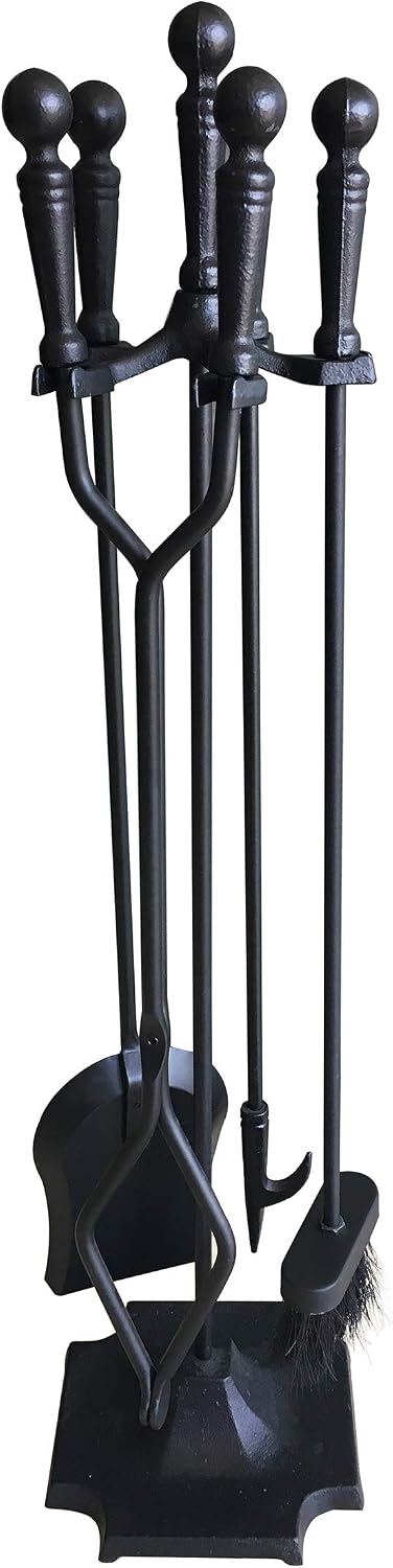Tosnail 5 Pieces Wrought Iron Fireplace Tools Set - Brush, Shovel, Tong, Poker and Stand Base