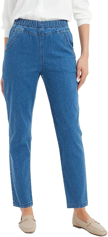 Women's Elastic Waist Jeans Stretch Pull On Pants | Soft Comfort Cotton Denim, Front Pockets, Zipper Fly with Button Closure, Machine Washable, Relaxed Everyday Wear