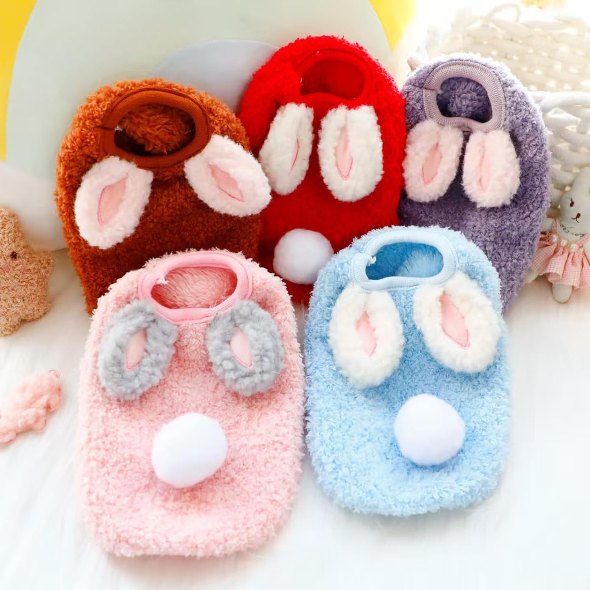 Ultra-Small Pet Winter Clothes with Cute Ear Decor, 5-Piece Soft Fleece Set for Chinchillas, Guinea Pigs, Rabbits, Ferrets, Bunny, Puppy, Kitten (2S)