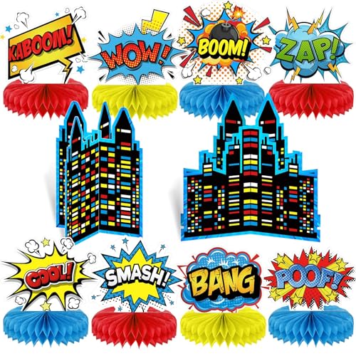Set of 10 Hero Themed Party Decoration hero Honeycomb Centerpieces Action Sign Table Centerpiece Fun Hero Theme Party Table Topper Decor for Happy Birthday Baby Shower Supplies Favor