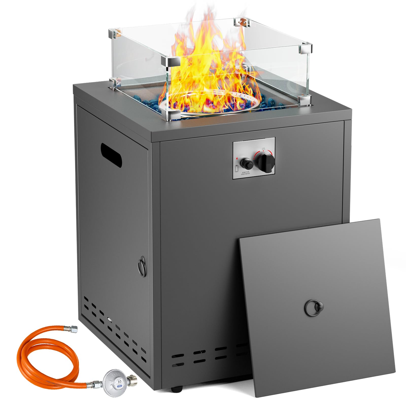 TLGREEN 20" Gas Feuerstelle Outdoor, Feuerstellen für Garten Balkon, 14.5kW | Feuertisch mit Glaswindschutz, Glassteine, Wasserfester Schutzhülle, Gas Gartentisch, Gaskamin, 4PCS Füße, 50x50x62cm
