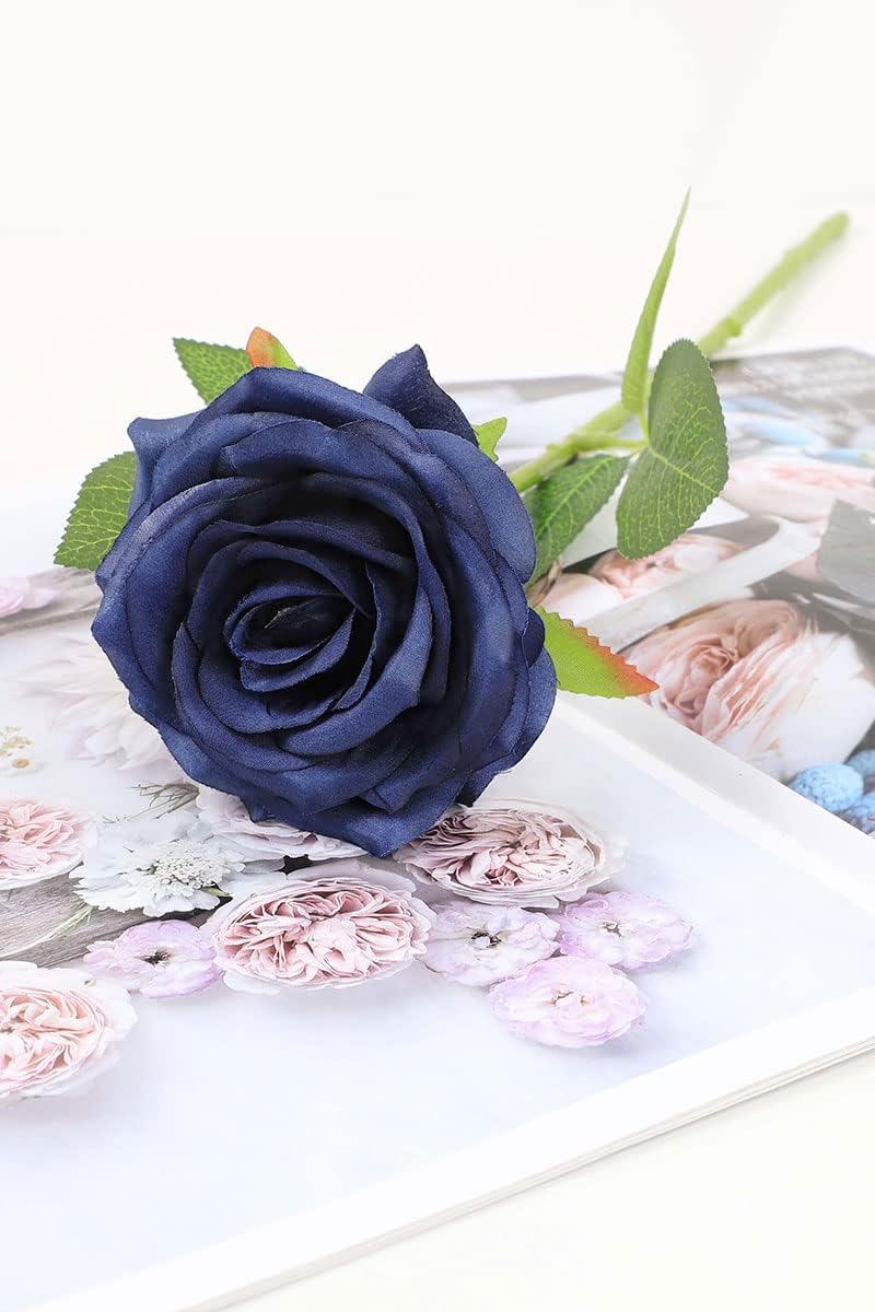 LVEFIT Artificial Rose Flower Navy Blue Flowers Navy Blue Roses Silk Flowers 50 pcs with Long Stem Silk Roses Bouquet for Wedding Bridal Shower Party Home Decoration