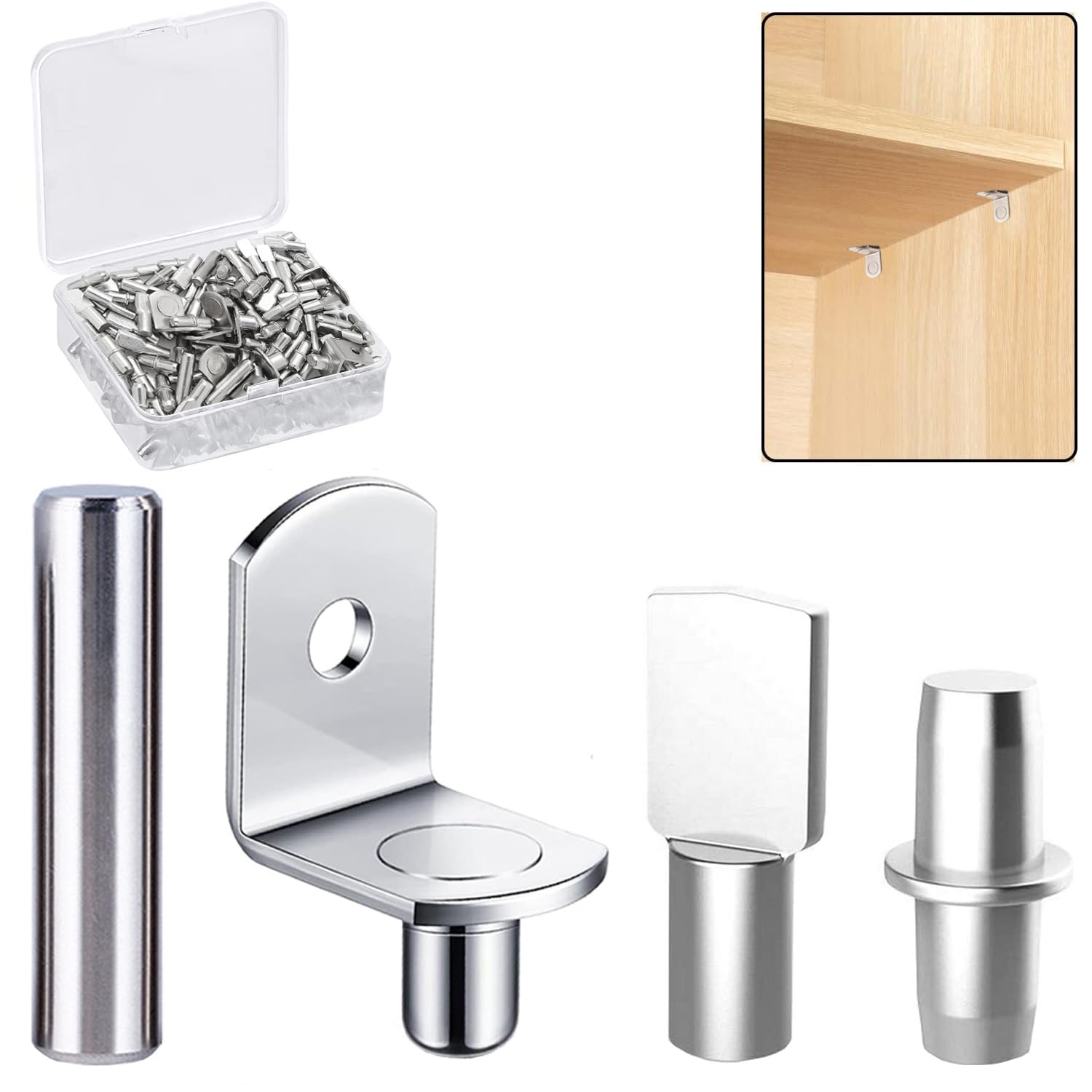 120Pcs Shelf Pins Kit,4 Styles 5mm & 1/4inch Nickel Plated