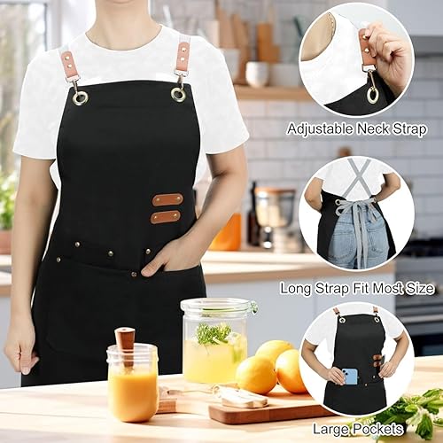 Miniatura 3 de Cross Back Apron for Women Men with Large Pockets Chef Apron for Cooking Canvas Waterproof Kitchen Aprons, M-XXL