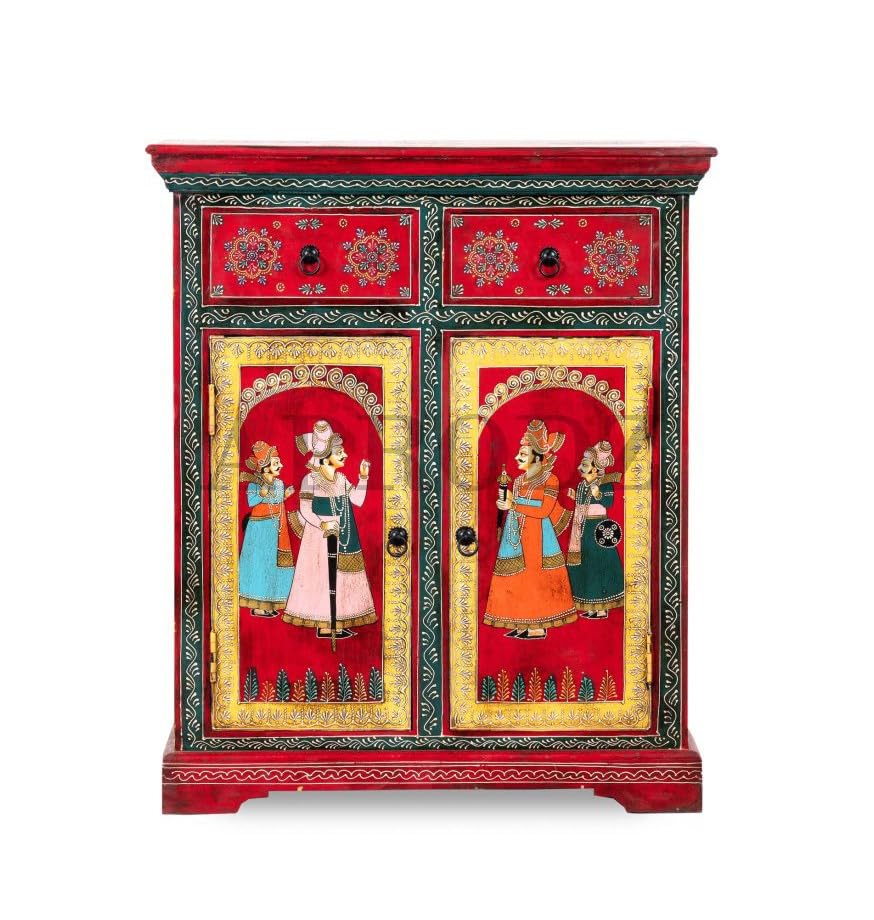 Image of APRODZ Wooden Traditional Handpainted Cabinet with Door & Drawer Storage (Multicolor)