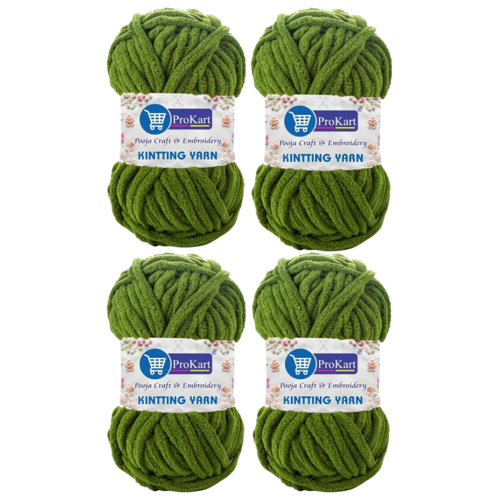 ProKart Premium Blankie Wool, Plush & Cuddly, Chenille Yarn Supersoft Hand Knitting Wool Ball | Blanket Thick/Mottu Yarn Ball Suitable for Hand Knitting and Crocheting for Baby, Adult, Sweaters, caps, Throws, Home Furnishing, Scarves, Blankets (Dark Green, 100gms x 4 Pack)