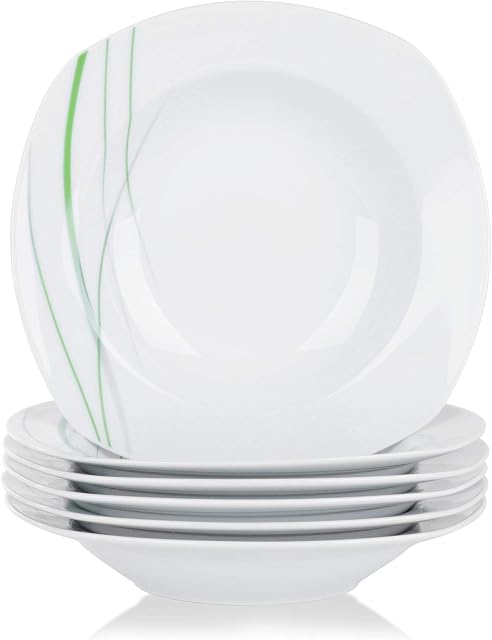VEWEET 'Aviva', 8.5" 6-Piece Porcelain Soup Plate Ivory White Green Lines Dinner Set Round Plates Dinning Set Kitchen Service Soup Bowl Snack Plate Deep Plate Set (21.5 * 21.5 * 3.8 cm)