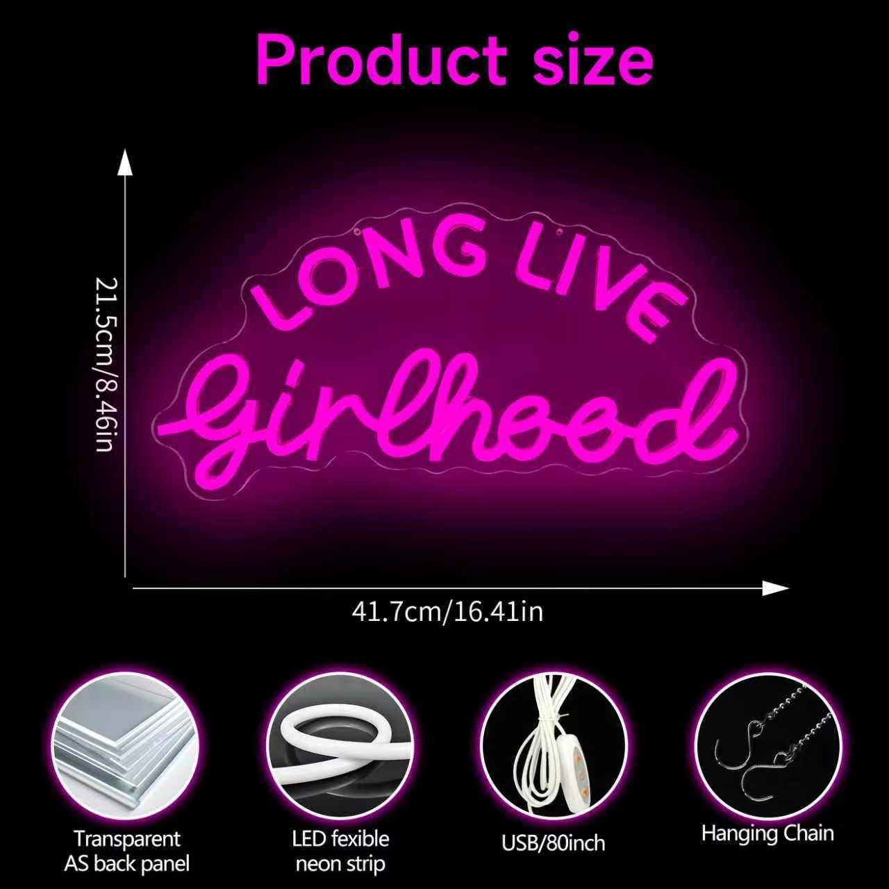 Long Live Girlhood Neon Sign for Wall Decor Dimmable Pink Led Sign Girls Bedroom Decor Playroom Neon Light Up Sign for Kids Wall Art Classroom Nursery Dorm Bedroom Decor Party Teens Girls Gifts