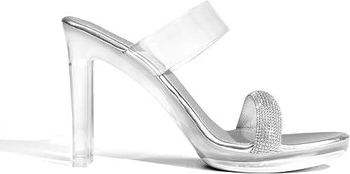 Miniatura 6 de DREAM PAIRS Sandalias de tacón alto grueso con dos correas transparentes, puntera abierta, sin cordones, de vestir para mujer