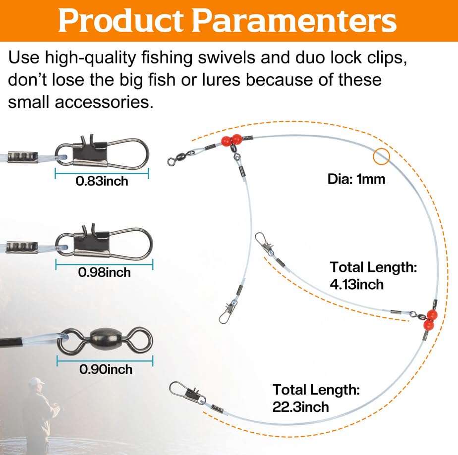 Fishing Wire Leader Fishing Rigs 12Pcs Nylon-Coated Lines with Swivels Snap Beads, Stainless Steel Hooks Crimps Saltwater Freshwater for Fishing Lovers Angler
