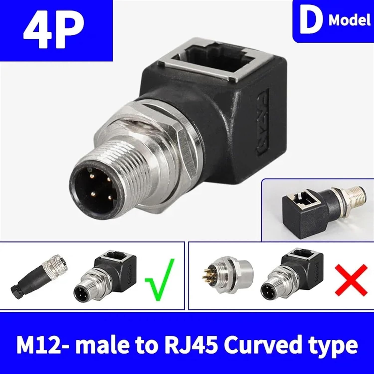 1/5 Sets M12 4P D Type 8 pins A Type X Type to RJ45 Connector Adapter Network Cable to M12 Male and Female Socket(Male Bending 4P D,5 PCS)